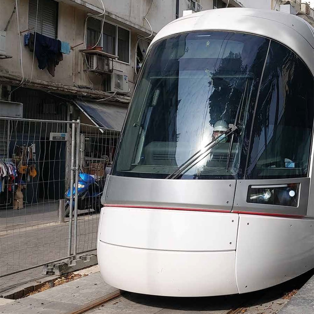 Shot of the first car front of the Tel Aviv Light Rail