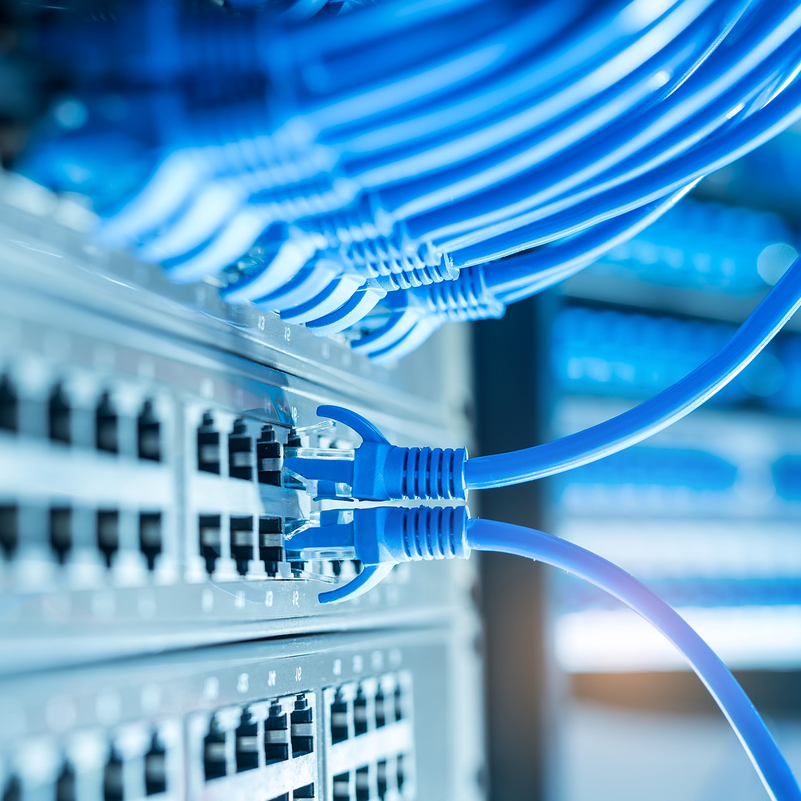 close up of cables plugged into a server